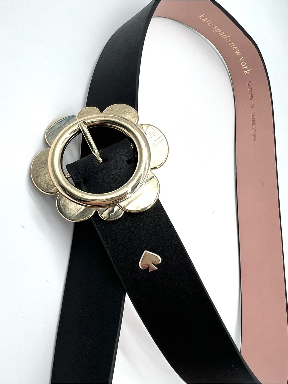 Kate Spade Flower Buckle Black Genuine Leather Belt Gold Size M KS2000565